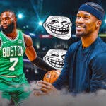 Heat's Jimmy Butler smiling (in casual clothes), with Celtics' Jaylen Brown beside him and the classic troll face all over the picture