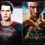 Henry Cavill as DCEU Superman next to Black Adam poster and movie theater background.