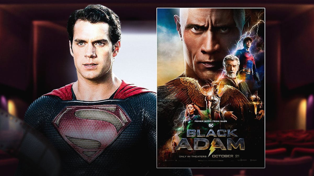 Henry Cavill as DCEU Superman next to Black Adam poster and movie theater background.