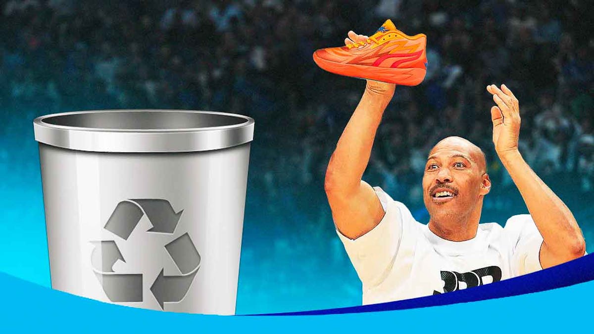 Lavar Ball holding Lamelo's MB02 and shooting it in the trash.