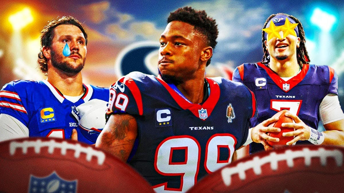 Stefon Diggs in a Texans jersey with CJ Stroud looking at him with stars in his eyes and Bills QB Josh Allen crying in the background