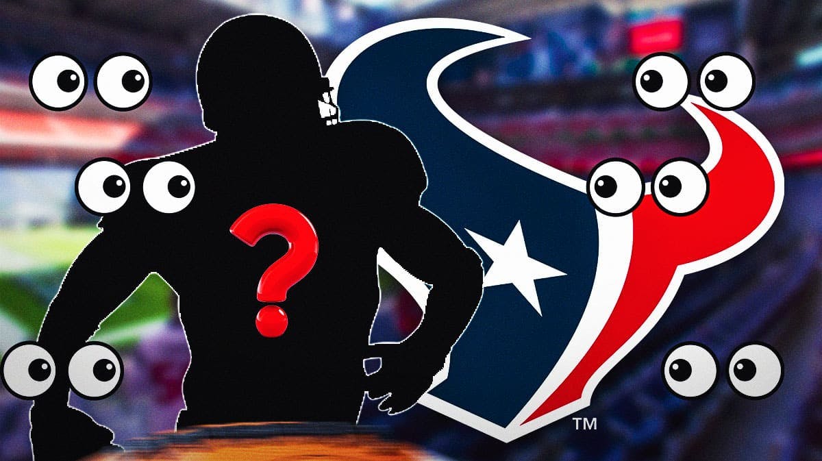 An American football jersey that is black and has a large question mark in the middle of it. Next to it are the logo for the Houston Texans and several eyeball emojis.