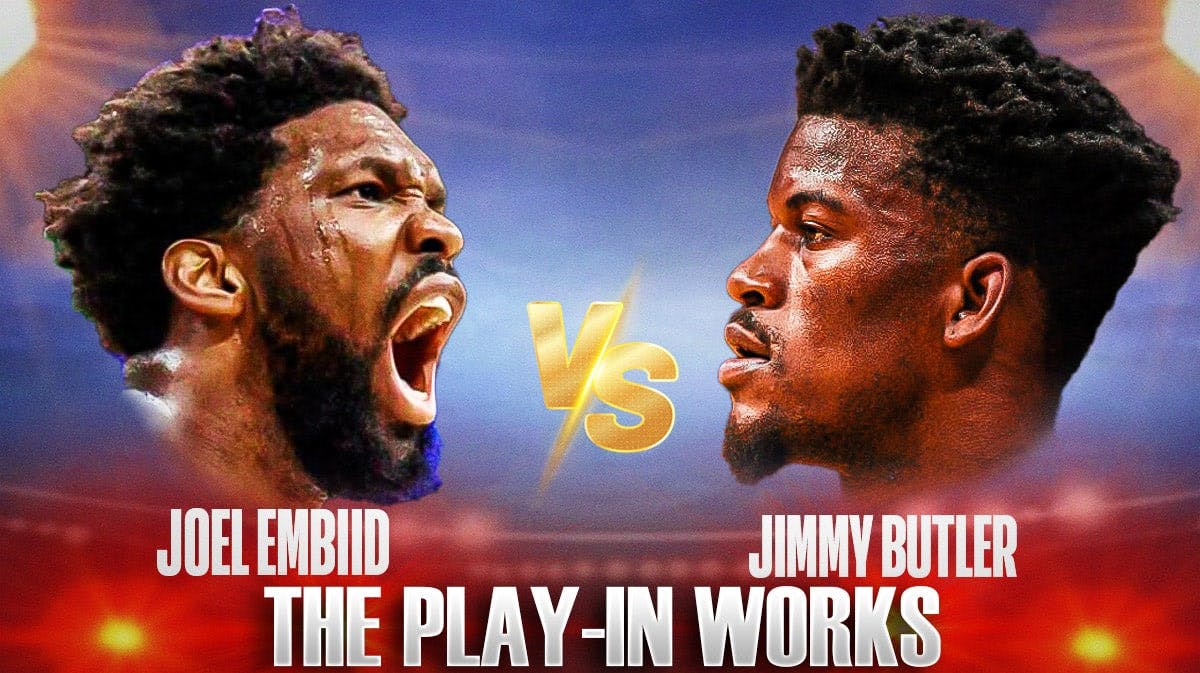 76ers' Joel Embiid vs. Heat's Jimmy Butler facing off each other in a wrestling-style match card, with caption below: THE PLAY-IN WORKS