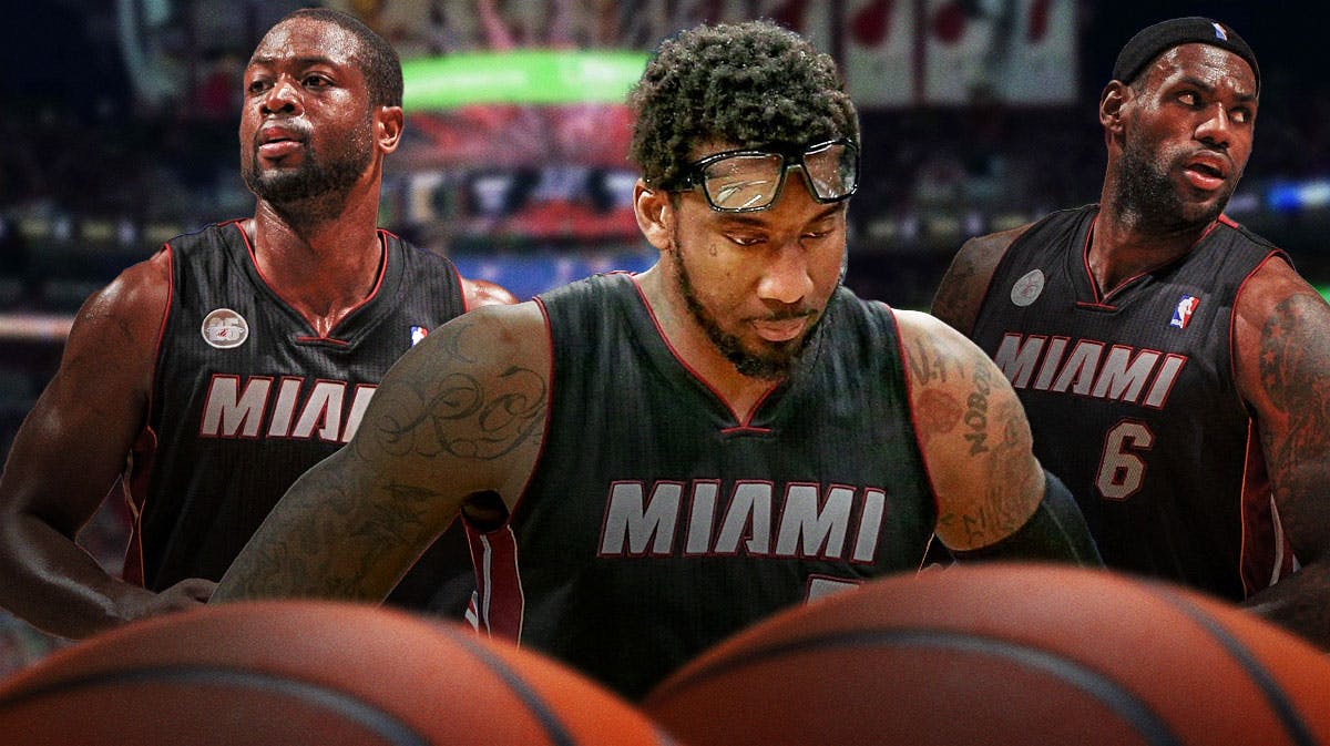 Amar'e Stoudemire in a Heat uniform with LeBron James and Dwyane Wade