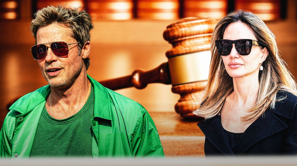 Brad Pitt and Angelina Jolie with a gavel behind him