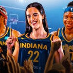 Indiana Fever players Aliyah Boston, Caitlin Clark and Erica Wheeler, on a basketball court in front of a cheering crowd