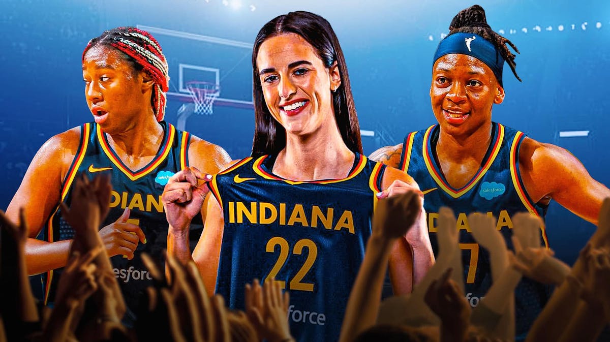 Indiana Fever players Aliyah Boston, Caitlin Clark and Erica Wheeler, on a basketball court in front of a cheering crowd