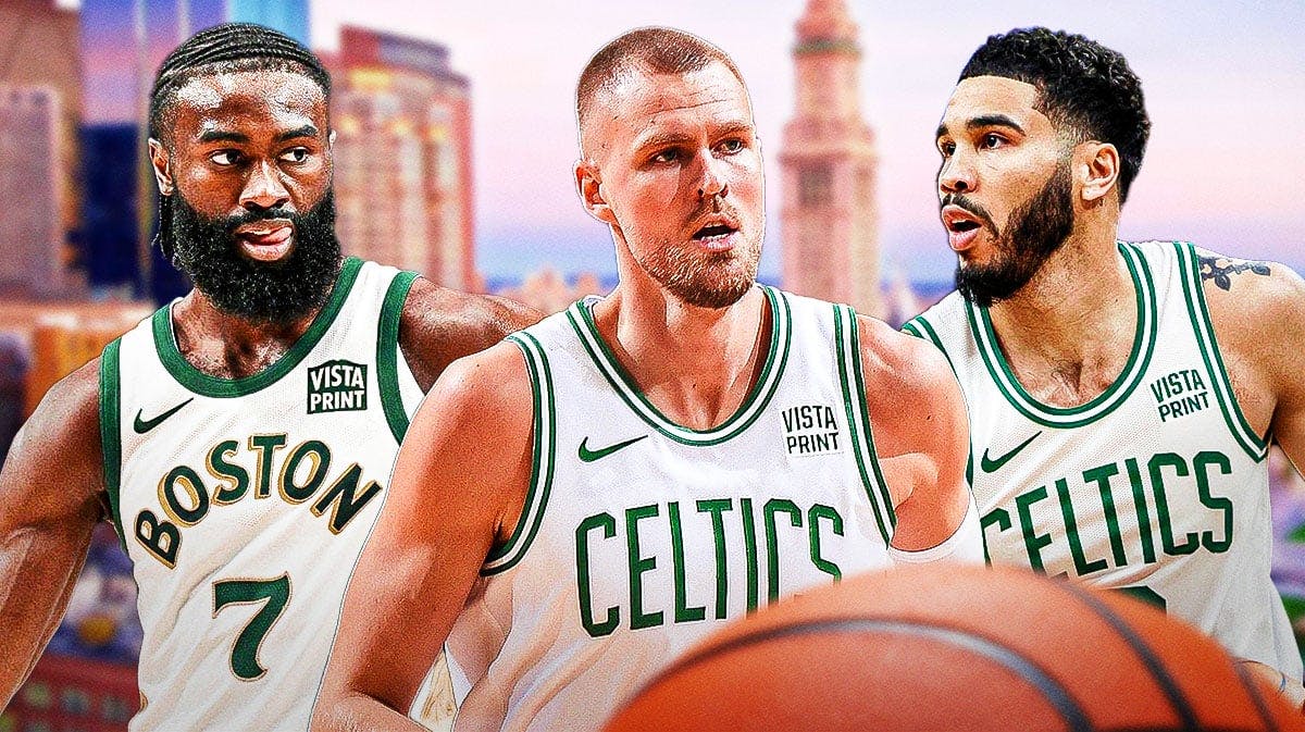 Celtics Kristaps Porzingis looking concerned next to a focused Jayson Tatum and Jaylen Brown on a Boston city background