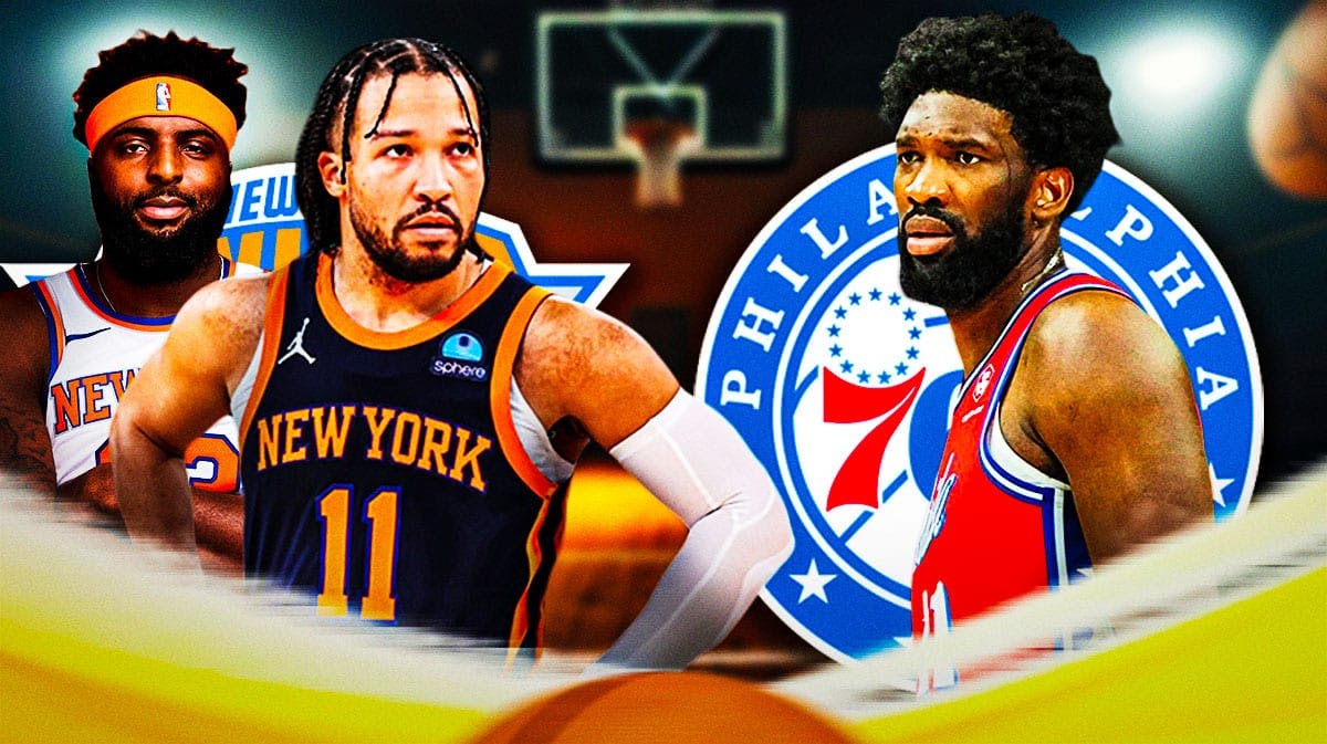 Jalen Brunson looking upset and Mitchell Robinson smiling in front of an Knicks logo. And an angry Joel Embiid off to the side in front of a 76ers logo.