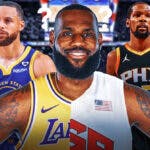 LeBron James in half Lakers, half Team USA jersey with question marks next to Stephen Curry and Kevin Durant