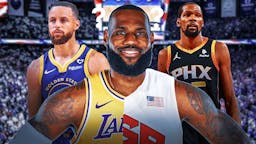 LeBron James in half Lakers, half Team USA jersey with question marks next to Stephen Curry and Kevin Durant