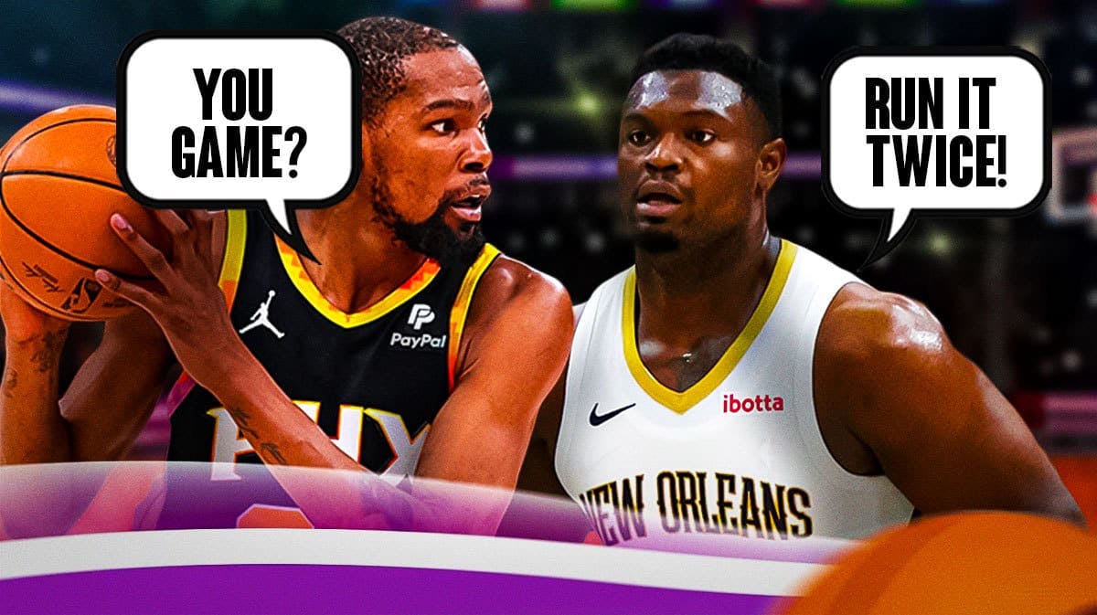 Graphic: Kevin Durant asking “You Game?” Zion Williamson’s word bubble says “Run it twice!”