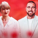 Taylor Swift and Travis Kelce with a red background
