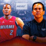 Miami Heat star Terry Rozier next to head coach Erik Spoelstra in front of the Kaseya Center.