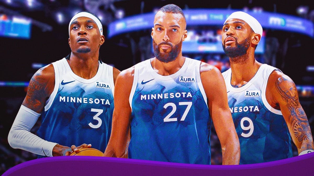 Rudy Gobert front and center with Nickeil Alexander-Walker and Jaden McDaniels on either side of him. If we have it, is there a way to have locks on the graphic (like the lock emoji to show they were lockdown defenders). If not, that’s ok! Target Center background!