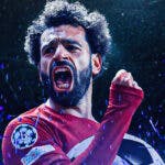 Mohamed Salah celebrating on blue fire in front of the Liverpool logo