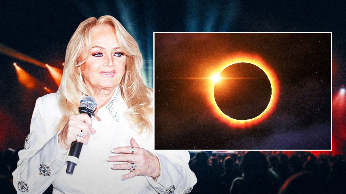 Bonnie Tyler alongside a picture of the solar eclipse