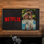 Netflix logo and Anyone But You poster on TV in living room.