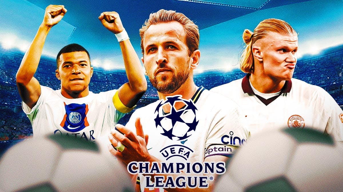 Harry Kane, Kylian Mbappe, Erling Haaland all together with Champions League logo in front