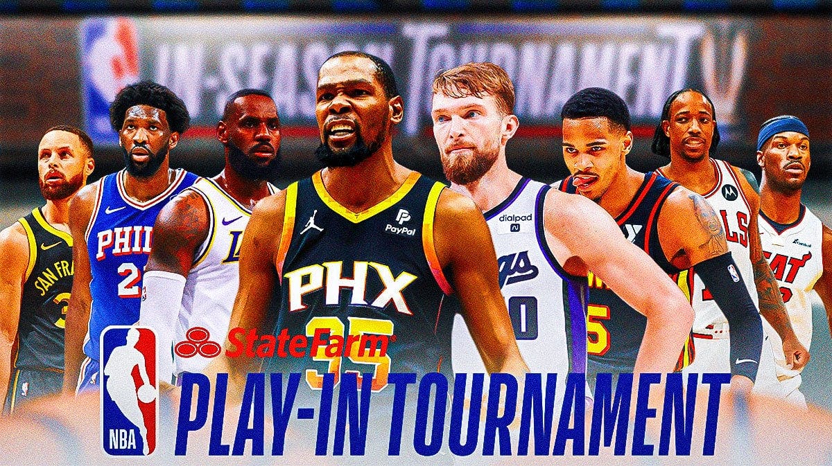 LeBron James, Steph Curry, Domantas Sabonis, Kevin Durant, Dejounte Murray, DeMar DeRozan, Joel Embiid, Jimmy Butler all together with NBA Play-In Tournament logo in front.