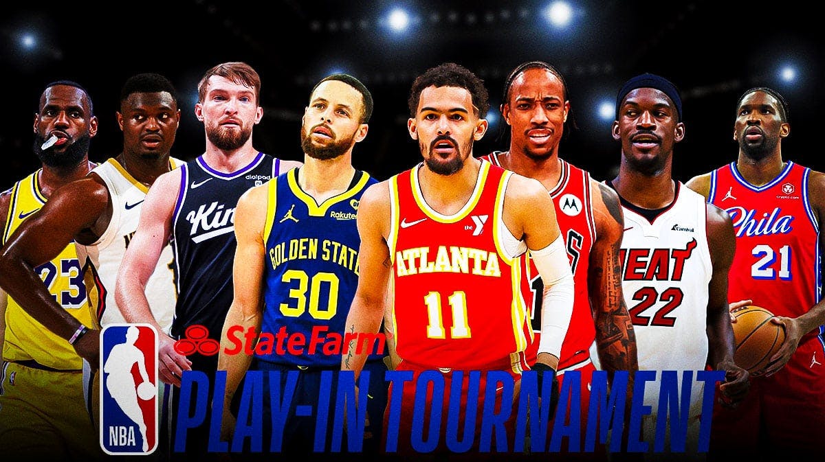 Steph Curry, Domantas Sabonis, Zion Williamson, LeBron James on one side of the graphic. On the other side is Joel Embiid, Jimmy Butler, Trae Young, DeMar DeRozan. NBA Play-in Tournament logo in front.