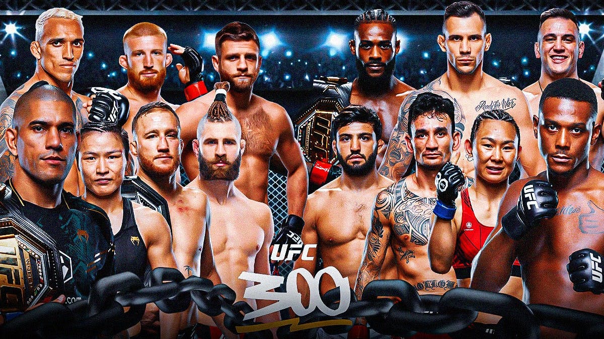 One one side of the graphic is Alex Pereira, Zhang Weili, Justin Gaethje, Charles Oliveira, Bo Nickal, Jiri Prochazka, Calvin Kattar. On the other side is Jamahal Hill, Yan Xiaonan, Max Holloway, Arman Tsarukyan, Cody Brundage, Aleksandar Radar, Aljamain Sterling. If you could distinguish between the two sides that would be ideal. Background is a UFC octagon and in the front/bottom have the UFC 300 logo.