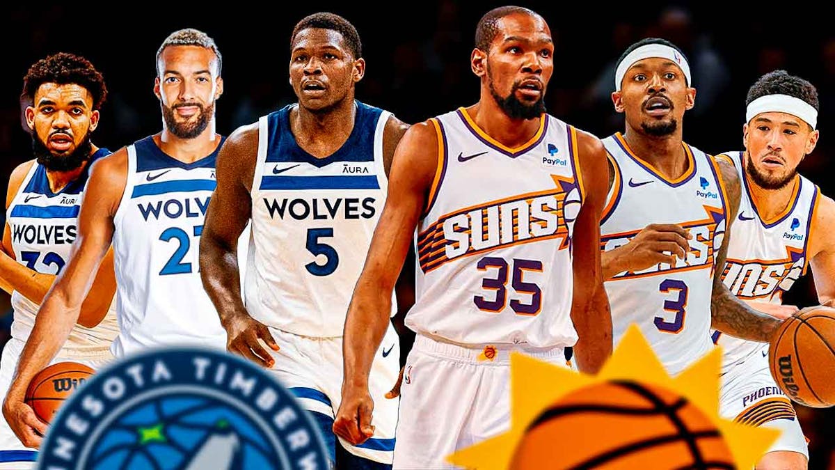 Kevin Durant, Bradley Beal, Devin Booker, Suns logo on one side. Anthony Edwards, Rudy Gobert, Karl-Anthony Towns, Timberwolves logo on other side.
