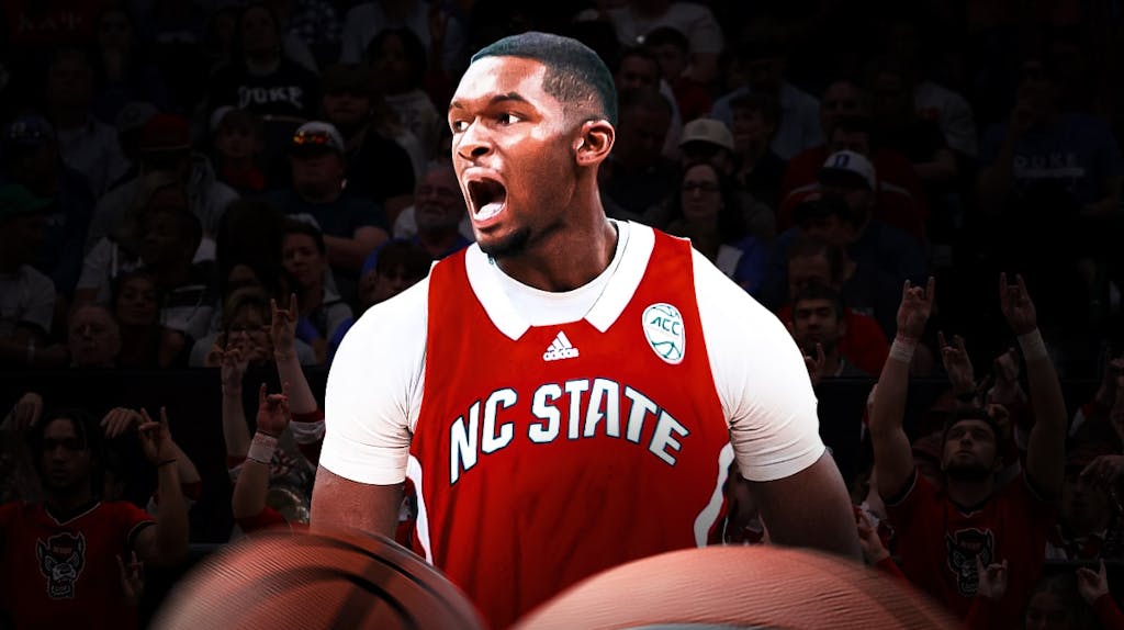 Brandon Huntley-Hatfield in an NC State Wolfpack jersey with the NC State logo in the background