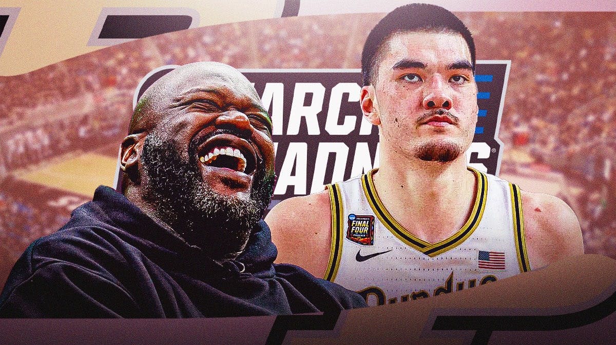 Zach Edey alongside Shaq with the March Madness logo in the background, Purdue