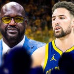 Shaquille O’Neal alongside Klay Thompson with the Warriors arena in the background