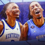 A double image of Aaron Bradshaw, one of him in his old Kentucky jersey and the other of him in a North Carolina jersey