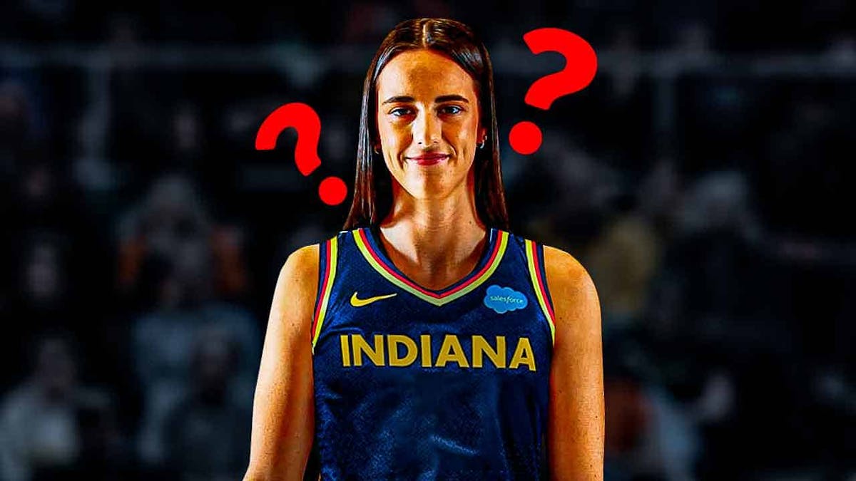 Caitlin Clark in an Indiana Fever jersey with the Fever arena in the background, WNBA