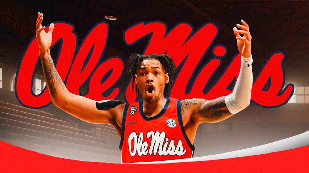 Dre Davis in an Ole Miss Rebels jersey with the Ole Miss logo in the background