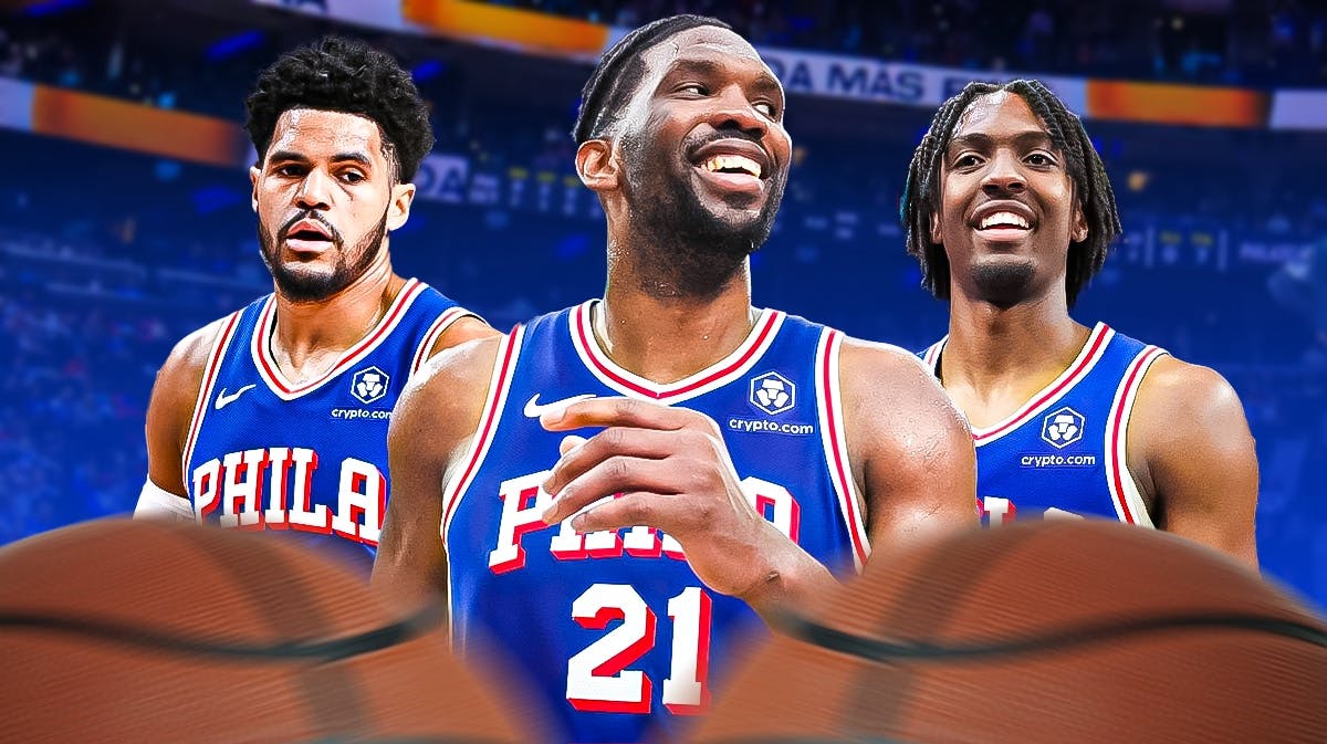 Joel Embiid, Tyrese Maxey and Tobias Harris with the 76ers arena in the background, Kyle Lowry NBA Playoffs Knicks