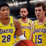 Austin Reaves, D’Angelo Russell and Rui Hachimura with the Lakers arena in the background, Gabe Vincent Nuggets NBA Playoffs