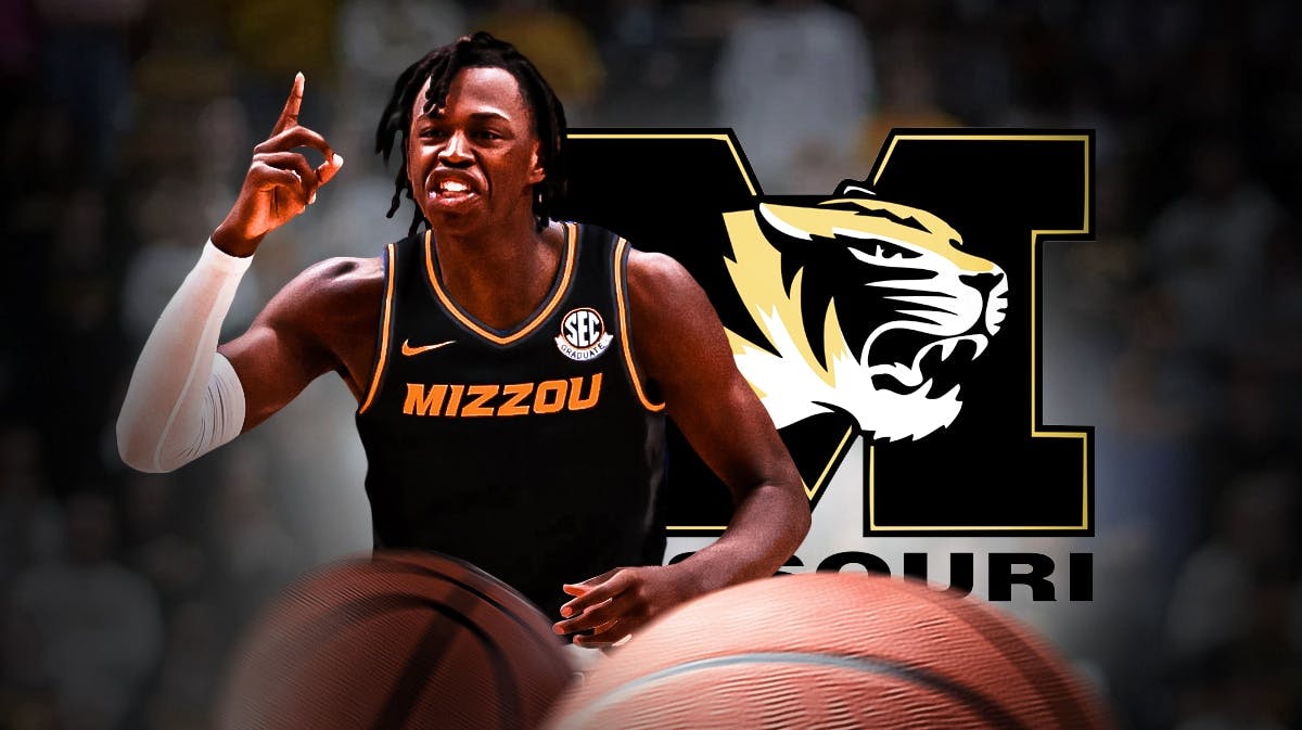 Mark Mitchell in a Missouri Tigers jersey with the Missouri logo in the background, transfer portal