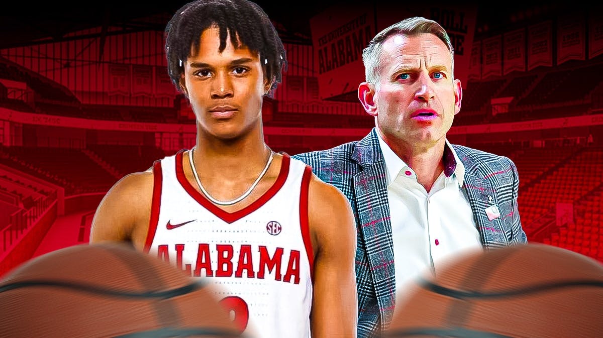 Aden Holloway in an Alabama jersey alongside Nate Oats, have the Alabama logo in the background, transfer portal