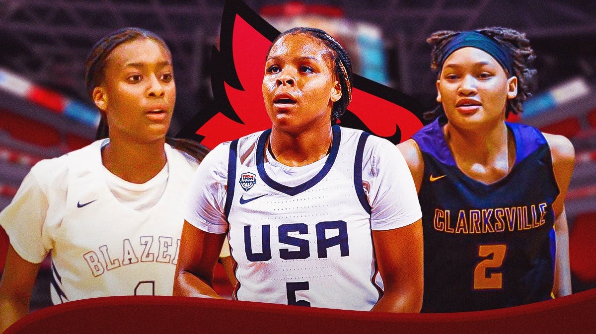 Imari Berry, MacKenley Randolph and Izela Arenas with the Louisville logo in the background