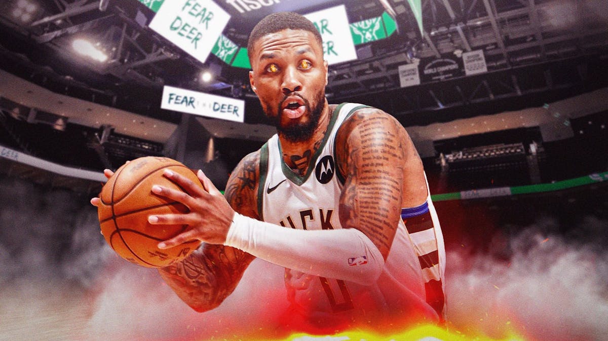 Damian Lillard looking hyped with flames in his eyes and the Bucks arena in the background, NBA Playoffs Pacers