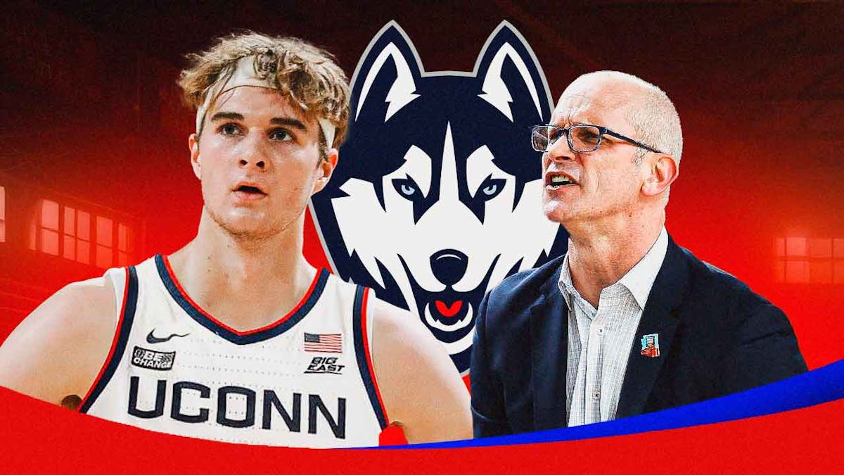 Liam McNeeley in a UConn jersey alongside Dan Hurley with the UConn logo in the background