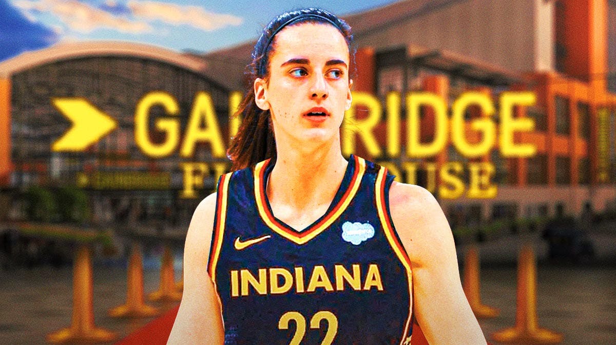 Indiana Fever player Caitlin Clark, in a Fever jersey, on a red carpet in front of Gainbridge Fieldhouse in Indianapolis, Indiana