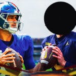 New York Giants quarterback Daniel Jones next to University of Michigan QB JJ McCarthy. McCarthy has a circle with a line through it over his face.
