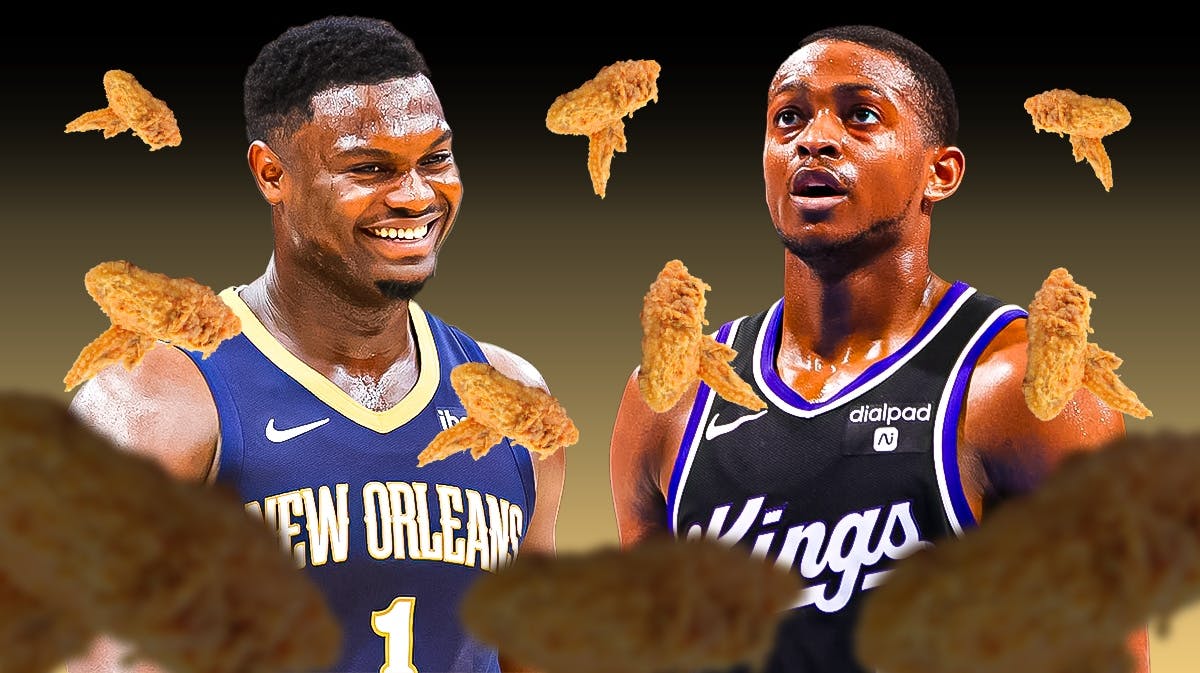 Pelicans' Zion Williamson laughing and Kings' De'Aaron Fox looking tired, with chicken wings falling from the sky around them