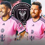 Lionel Messi and Luis Suarez smiling towards each other in front of the Inter Miami logo