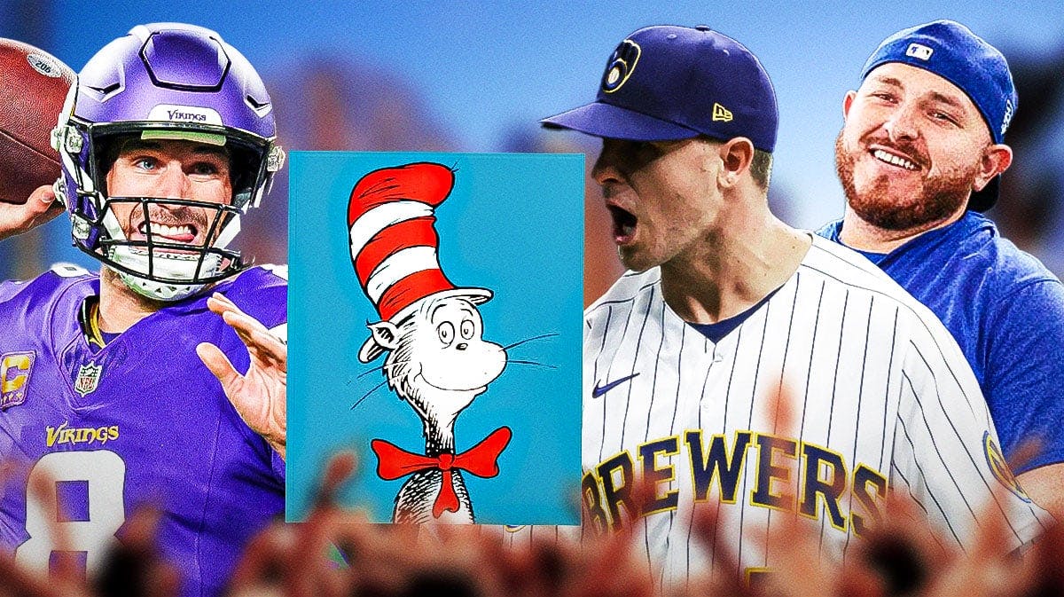 Collage of pics -- one of Alejandro Kirk, one of Kirk Cousins, one of Jake Cousins, and one of the Cat in the Hat (from Dr. Seuss)