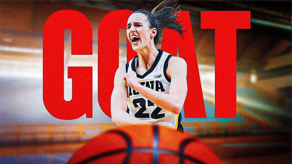 Iowa women's basketball player Caitlin Clark in front of "GOAT"