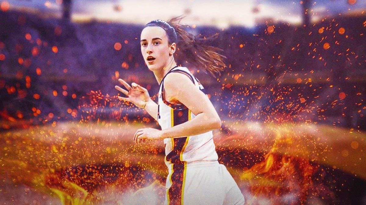 Iowa women’s basketball player Caitlin Clark, throwing the three-point hand sign and flames aorund her