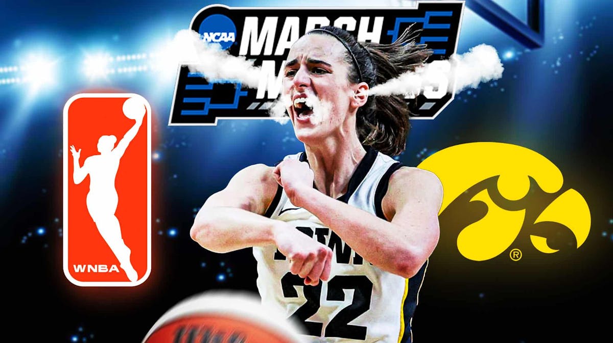 Caitlin Clark with smoke coming out of her nose and ears. Add the March Madness, WNBA and Iowa Hawkeyes logos in the background
