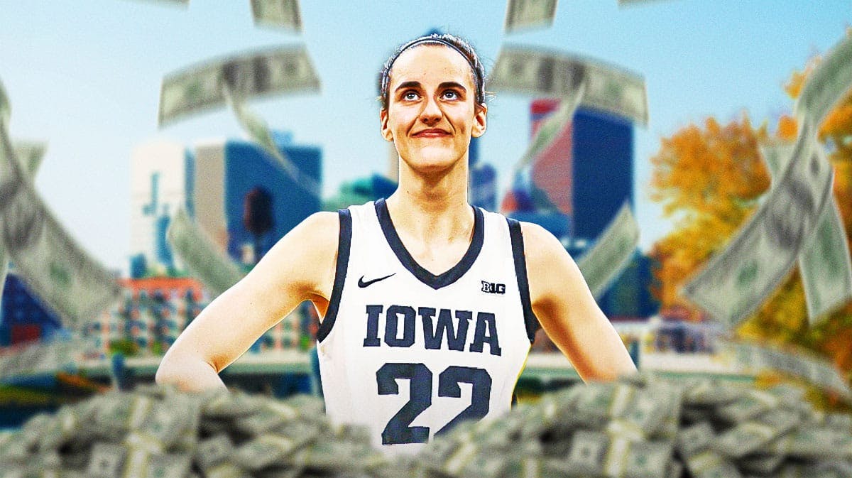 Iowa women's basketball player Caitlin Clark, with the city of Iowa City, Iowa in the background, and money "raining" around Clark