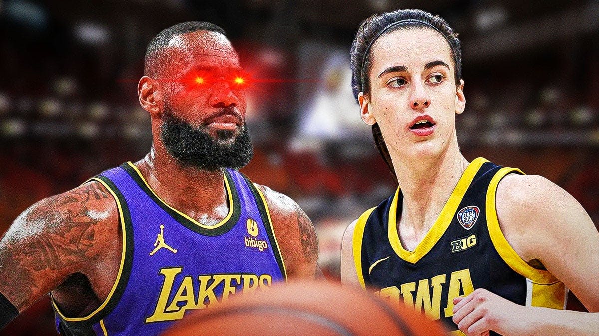 LeBron James with red laser eyes and Iowa women's basketball player Caitlin Clark